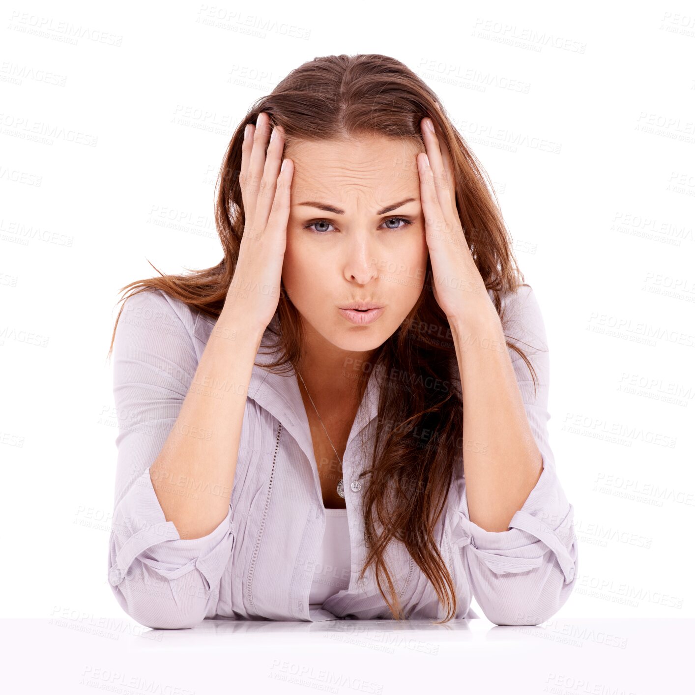 Buy stock photo Stress, frustrated and portrait of woman with crisis on isolated, PNG and transparent background. Mental health, depression and face of upset, tired female person with headache, problem and anxiety