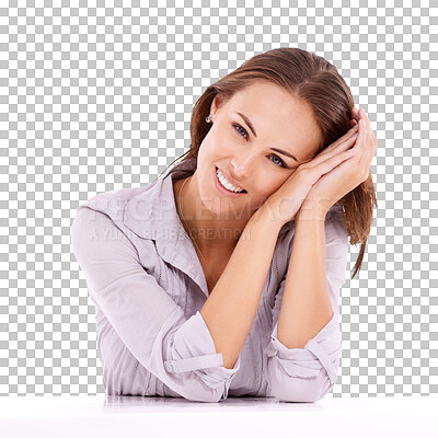 Buy stock photo Face portrait, corporate and relax happy woman with smile, administration satisfaction and happiness for secretary job. Receptionist, positive or expert person isolated on transparent, png background