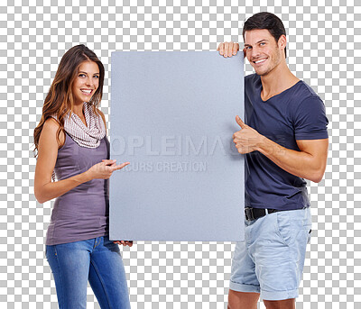 Buy stock photo Paper poster, couple and portrait with mockup space for promo isolated on a transparent, png background. Advertisement, happy people and thumbs up for announcement and deal with brand post sign