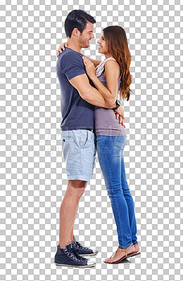 Buy stock photo Hug, love and happy with couple on transparent background for date, romance and affectionate.  Happiness, relationship and trust with man and woman isolated on png for partnership and embrace