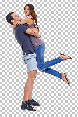 Buy stock photo Love, excited or couple hugging for romance in marriage commitment isolated on transparent png background. Happy, man or romantic woman enjoy or celebrate quality bonding together on anniversary date