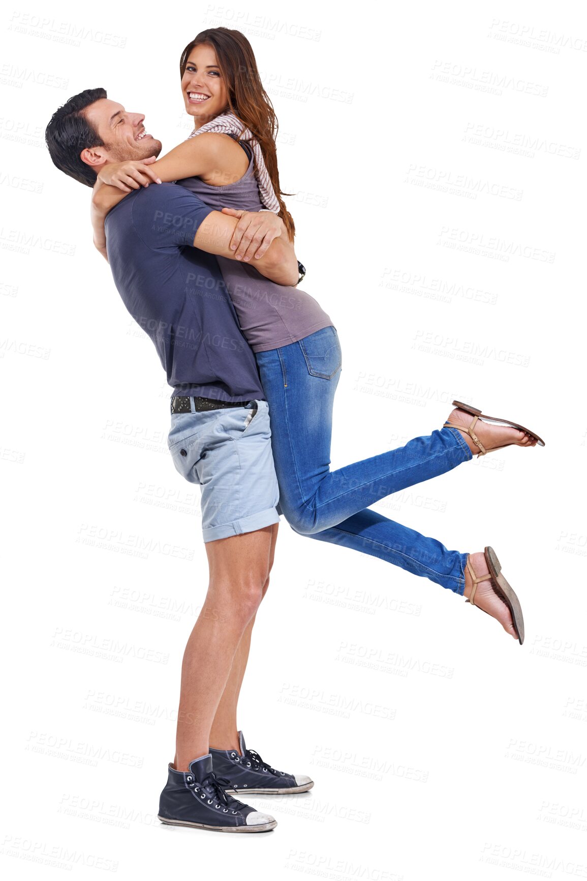 Buy stock photo Love, excited or couple hugging for romance in marriage commitment isolated on transparent png background. Happy, man or romantic woman enjoy or celebrate quality bonding together on anniversary date