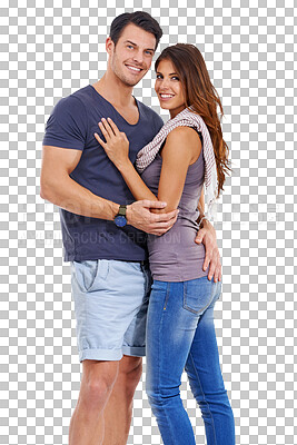 Buy stock photo Hug, love and smile with portrait of couple on transparent background for date, romance and affectionate.  Happy, relationship and trust with man and woman isolated on png for partnership and embrace