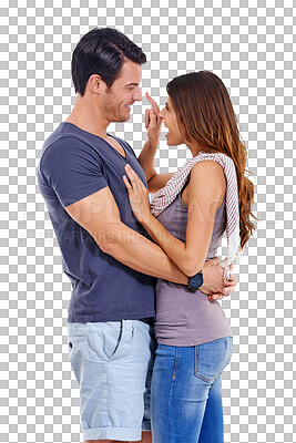 Buy stock photo Love, talking or happy couple hugging in marriage commitment isolated on transparent png background. Lovers promise, funny man or romantic woman enjoy speaking or bonding together on anniversary date