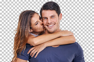 Buy stock photo Portrait, kiss or happy couple hugging for romance in relationship isolated on transparent png background. Smile, romantic man or woman enjoy or celebrate quality bonding together on anniversary date