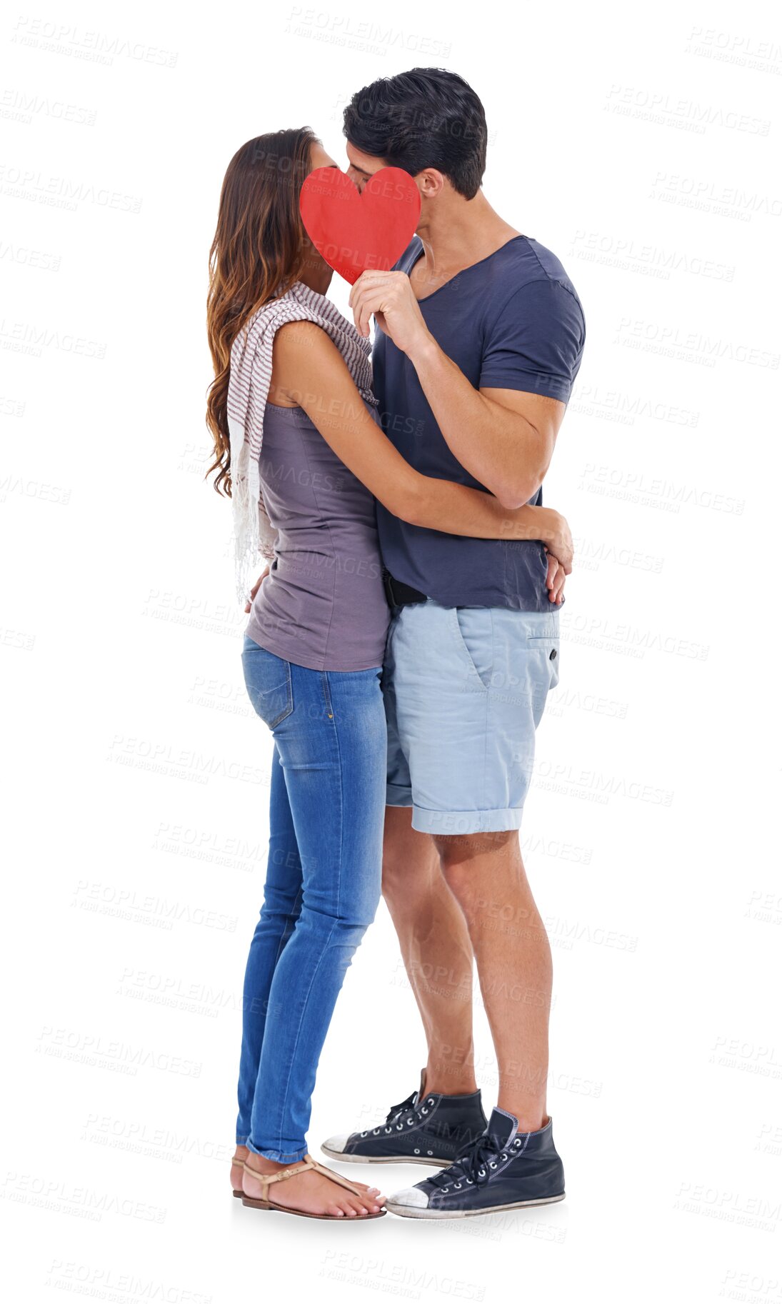 Buy stock photo Love, heart or couple kissing for romance in relationship commitment isolated on transparent png background. Hug, man or romantic woman enjoy bonding together on anniversary date with red love sign