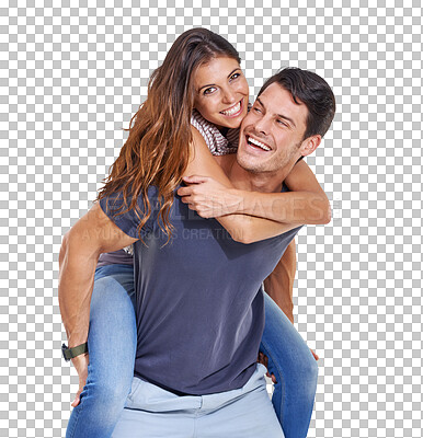 Buy stock photo Portrait, piggyback or happy couple with romance in relationship isolated on transparent png background. Smile, romantic man or playful woman hugging to celebrate bonding together on anniversary date