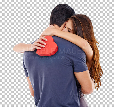 Buy stock photo Love, red heart or couple hugging for romance in relationship isolated on transparent png background. Hug, romantic man or woman bonding together on anniversary date with lovers symbol or support