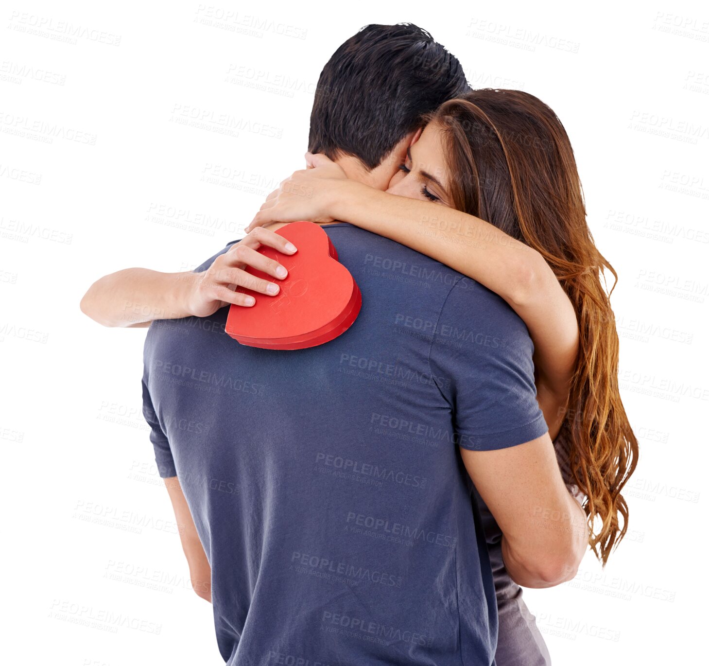 Buy stock photo Love, red heart or couple hugging for romance in relationship isolated on transparent png background. Hug, romantic man or woman bonding together on anniversary date with lovers symbol or support