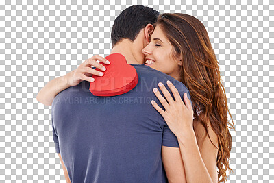 Buy stock photo Happy, red heart or couple hugging for romance in relationship isolated on transparent png background. Hug, romantic man or woman bonding together on anniversary date with lovers symbol or support