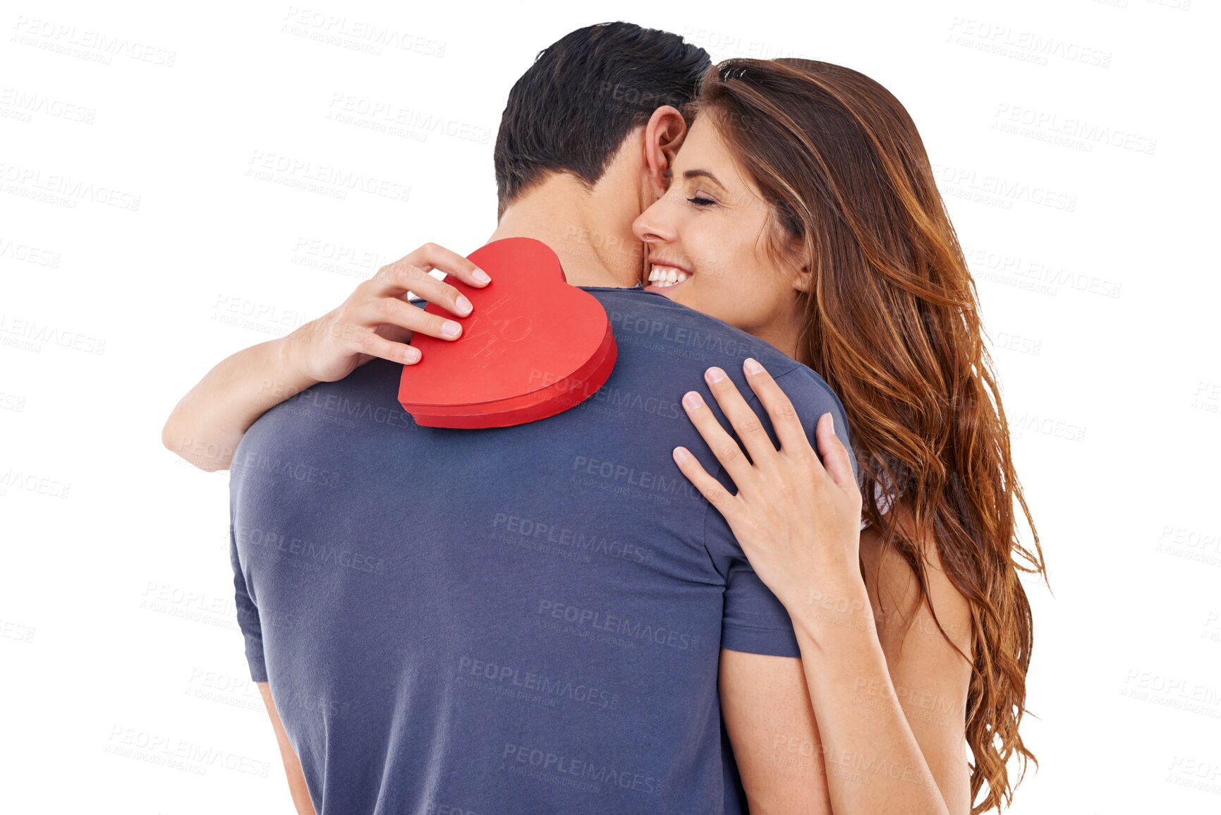 Buy stock photo Happy, red heart or couple hugging for romance in relationship isolated on transparent png background. Hug, romantic man or woman bonding together on anniversary date with lovers symbol or support