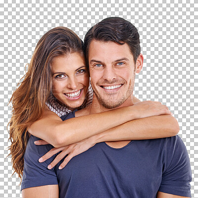 Buy stock photo Portrait, love or happy couple hugging for romance in relationship isolated on transparent png background. Smile, romantic man or fun woman enjoy or celebrate bonding together on anniversary date