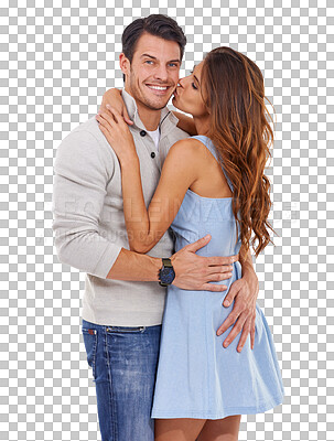 Buy stock photo Love, hug and kiss with portrait of couple on transparent background for date, embrace and affectionate. Romance, relationship and care with man and woman isolated on png for bonding and smile