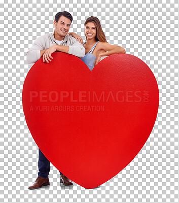 Buy stock photo Love, heart and poster with portrait of couple on transparent background for mockup, romance and valentines day. Happy, date and relationship with man and woman with board isolated on png for emotion