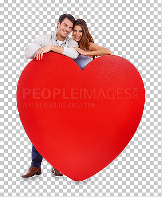 Buy stock photo Love, heart and mockup with portrait of couple on transparent background for poster, romance and valentines day. Happy, date and relationship with man and woman with board isolated on png for emotion