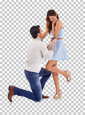 Buy stock photo Excited couple, proposal or engagement with love or commitment isolated on transparent png background. Wow, yes or romantic man on knee to surprise or propose with or ring to happy woman for marriage