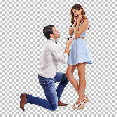 Buy stock photo Excited couple, wow or proposal with love or commitment isolated on transparent png background. Engagement, yes or romantic man on knee to surprise or propose with or ring to happy woman for marriage