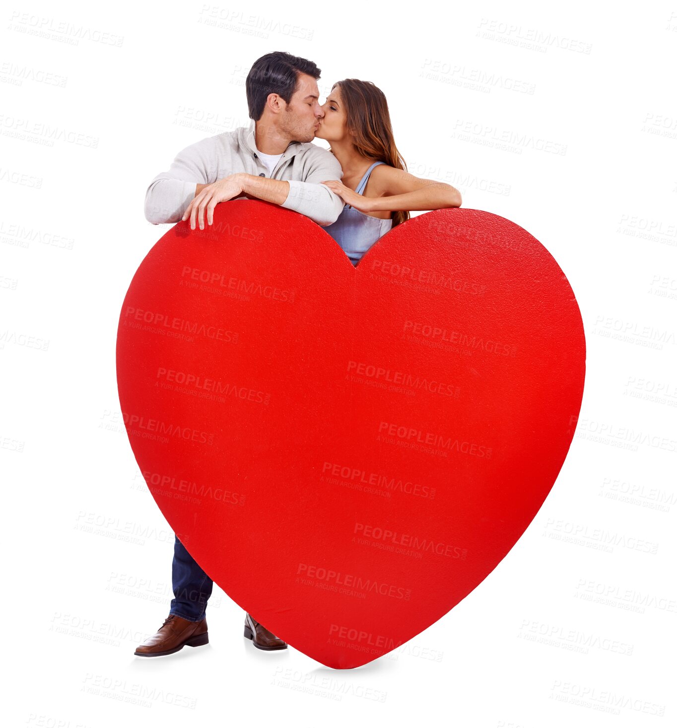 Buy stock photo Love, heart and kiss with couple and poster on transparent background for mockup, romance and valentines day. Happy, date and relationship with man and woman with board isolated on png for kissing