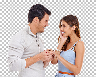 Buy stock photo Excited couple, yes or proposal with love commitment isolated on transparent png background. Engagement, wow or romantic man with ring to propose to shocked, surprised or happy woman for marriage