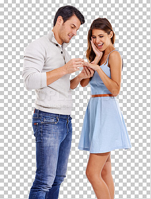 Buy stock photo Happy couple, yes or proposal with love commitment isolated on transparent png background. Engagement, wow or romantic man with ring to propose to shocked, surprised or excited woman for marriage