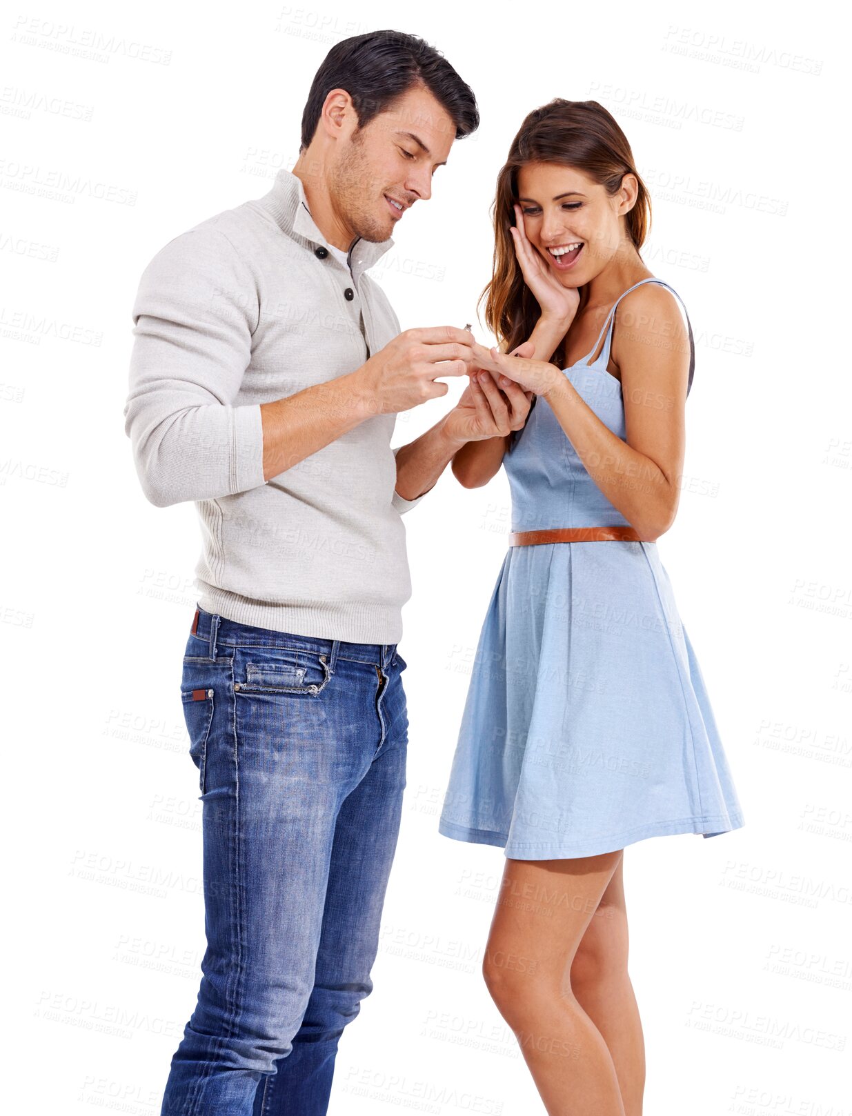 Buy stock photo Happy couple, yes or proposal with love commitment isolated on transparent png background. Engagement, wow or romantic man with ring to propose to shocked, surprised or excited woman for marriage