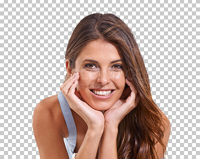 Buy stock photo Beauty, happy and portrait of natural woman on isolated, png and transparent background with smile. Cosmetics, fashion style and face of female person with confidence, positive mindset and happiness