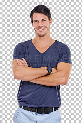 Buy stock photo Man, relax fashion and arms crossed portrait with a smile and clothes isolated on a transparent, png background. Casual style, happy and attractive young male person with confidence and joy 