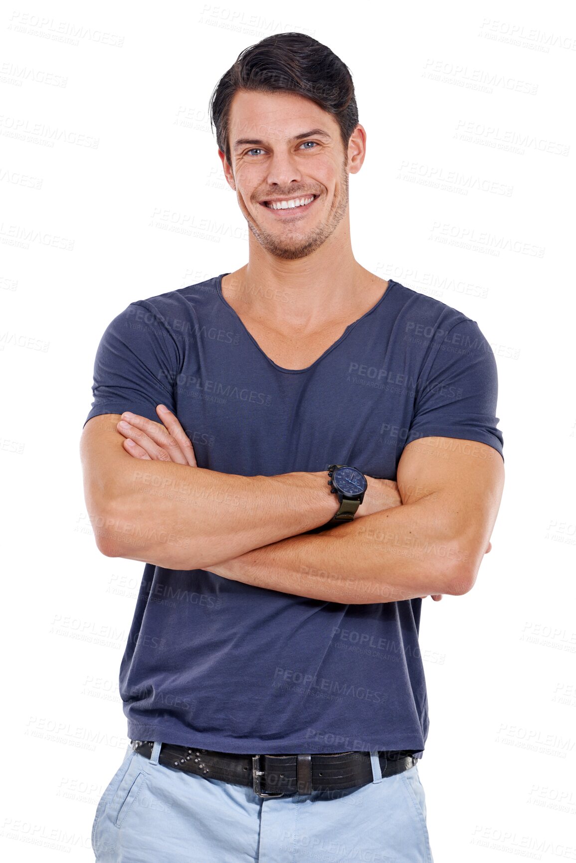 Buy stock photo Man, relax fashion and arms crossed portrait with a smile and clothes isolated on a transparent, png background. Casual style, happy and attractive young male person with confidence and joy 