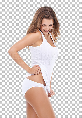 Buy stock photo Woman in underwear, body and fitness with health, skin and healthy lifestyle isolated on transparent png background. Wellness, diet and exercise with female model and smile, balance and nutrition