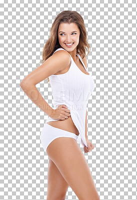 Buy stock photo Happy woman in underwear, body and fitness with health, skin and healthy lifestyle isolated on transparent png background. Wellness, diet and exercise, female model smile with balance and nutrition