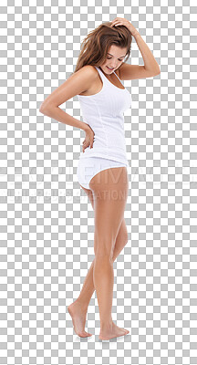 Buy stock photo Woman in underwear, body and fitness with healthy lifestyle, skin and health isolated on transparent png background. Wellness, diet and exercise with female model and smile, balance and nutrition