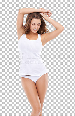 Buy stock photo Woman in underwear, body and exercise with health, skin and healthy lifestyle isolated on transparent png background. Wellness, diet and fitness with female model and smile, balance and nutrition