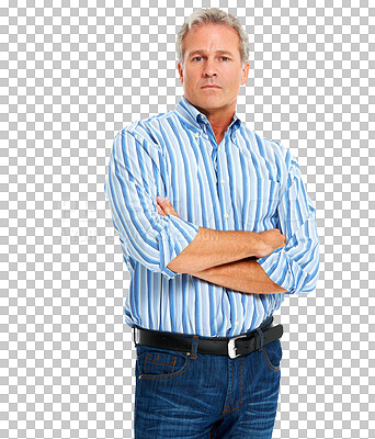 Buy stock photo Serious, mature man and portrait with arms crossed isolated on a transparent, png background. Professional style, ceo and male boss with authority power and confidence feeling determined with success