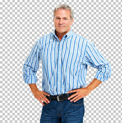 Buy stock photo Smile, mature man and portrait with career vision isolated on a transparent, png background. Professional style, ceo and male boss with authority power and confidence feeling determined with success