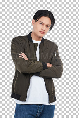 Buy stock photo Portrait, fashion and arms crossed with an asian man on PNG, isolated against a transparent background for style. Confident, trendy and attitude with a serious young male model posing in clothes