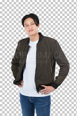 Buy stock photo Isolated asian man, portrait and student with fashion, confidence and youth by transparent png background. Young Japanese guy, gen z clothes and handsome model with casual style, cool and edgy