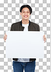 Smile, portrait and Asian man with poster for mockup, marketing or advertising space transparent, png, isolated, background. Product placement, branding and male with banner for mock up or promotion