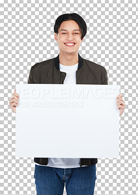 Buy stock photo Isolated asian man, portrait and smile with poster, mockup space and review by transparent png background. Young Japanese guy, paper billboard and happy for vote, opinion and gen z student fashion