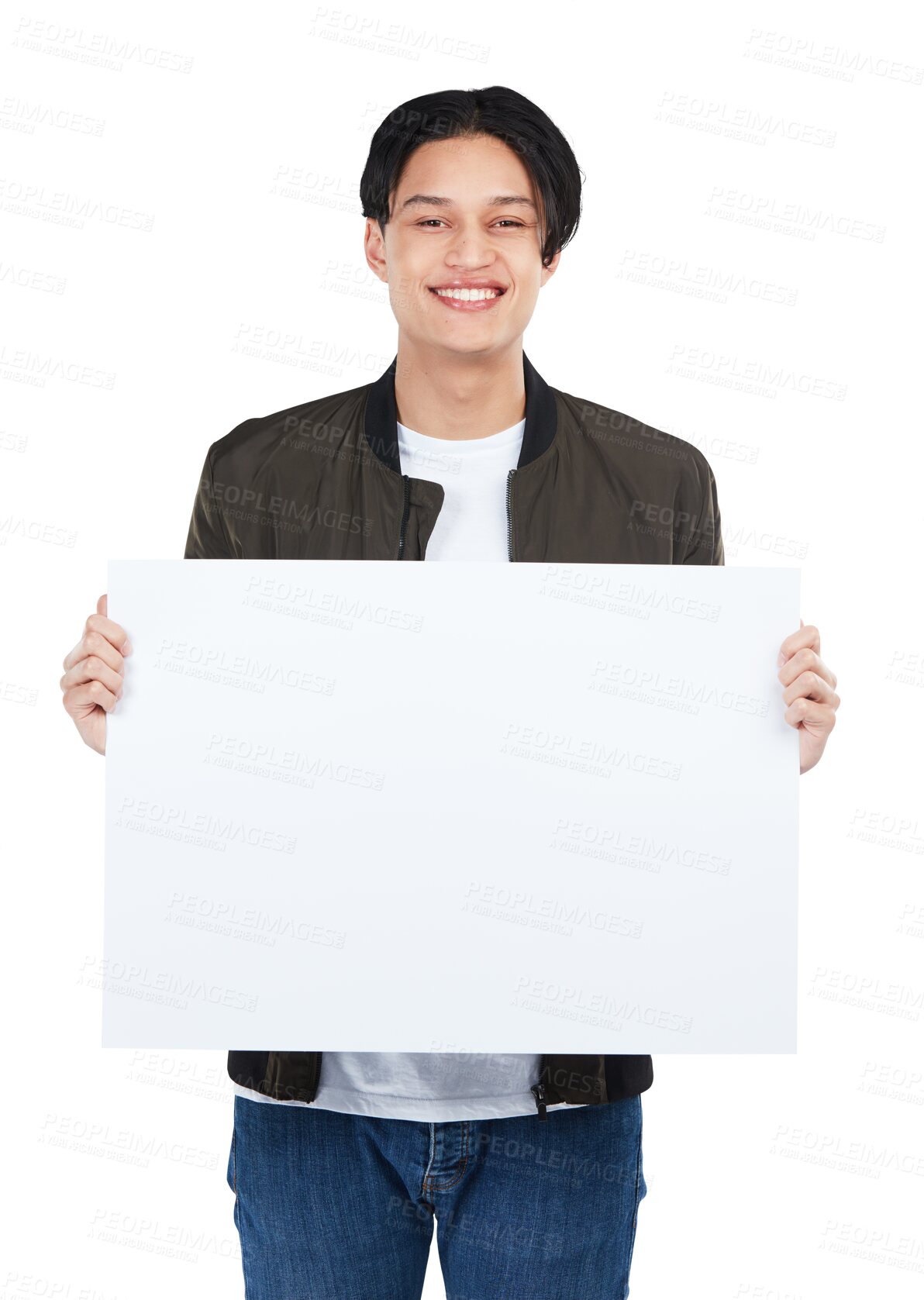 Buy stock photo Isolated asian man, portrait and smile with poster, mockup space and review by transparent png background. Young Japanese guy, paper billboard and happy for vote, opinion and gen z student fashion