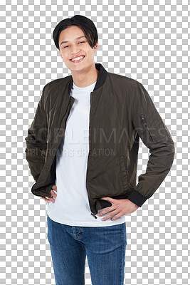 Buy stock photo Happiness, man and portrait with proud expression in isolated transparent png background in asia. Smile, confident and asian male with positive outlook with fashion or friendly or happy face. 
