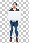 Sign, portrait and man with poster for mockup, marketing or advertising space on an isolated and transparent png background. Product placement, branding and young male with banner for promotion