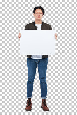 Buy stock photo Isolated asian man, portrait and paper poster for mock up, space and review by transparent png background. Young Japanese guy, billboard and mockup with vote, opinion and gen z student fashion