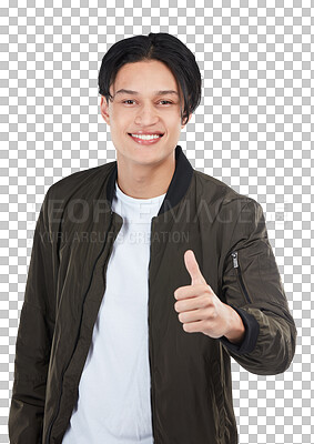 Buy stock photo Success, thumbs up and portrait of man with hand gesture, positive review and feedback isolated on transparent png background. OK, like emoji and male person with motivation, support and thank you