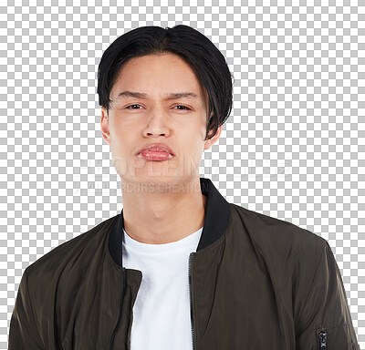 Sad, upset and portrait of an Asian man on an isolated and transparent png background with a depressed and fear face expression. Frustrated, depression and male model from Asia with unhappy emotion