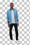 Young black man, full body portrait and standing ready on an isolated and transparent png background for casual style. African man, happy and positive mindset with confidence