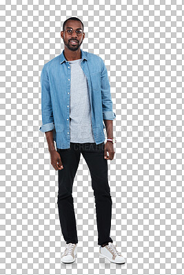 Buy stock photo Young black man, full body portrait and standing ready isolated on a transparent png background. African male person, happy and positive mindset or attitude with confidence in casual style clothing