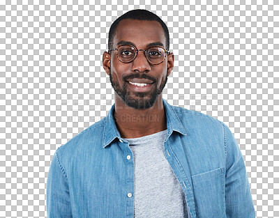 Young black man, full body portrait and standing ready on an isolated and  transparent png background for casual style. African man, happy and  positive mindset with confidence