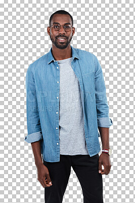 Buy stock photo Black man, face and smile with glasses isolated on transparent, png background for eye care or vision. Portrait of young African model person with positive mindset, confidence and casual style