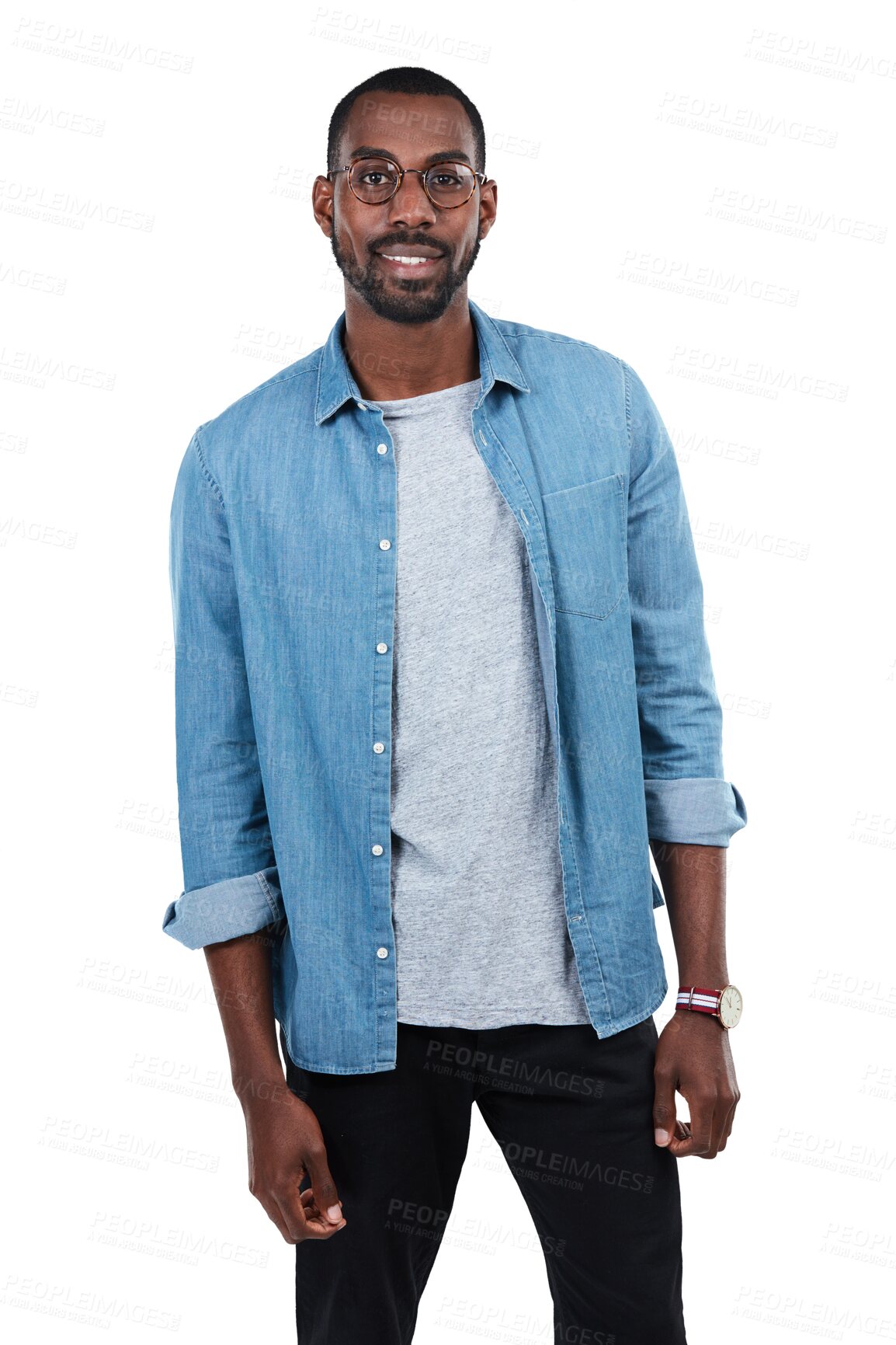 Buy stock photo Black man, face and smile with glasses isolated on transparent, png background for eye care or vision. Portrait of young African model person with positive mindset, confidence and casual style