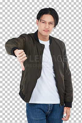Buy stock photo Isolated asian man, portrait and reject with thumbs down, sign and choice by transparent png background. Young Japanese guy, gen z student or dislike with icon, hand emoji and decision with review